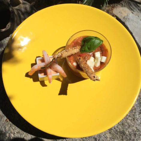 Gaspacho onctueux au basilic et ses crevettes