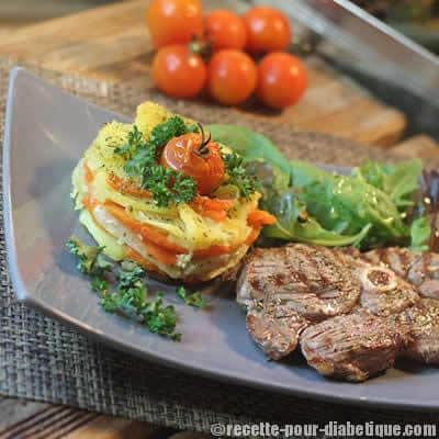 Tranche de Gigot d'Agneau grillé et son Mille feuilles de Légumes