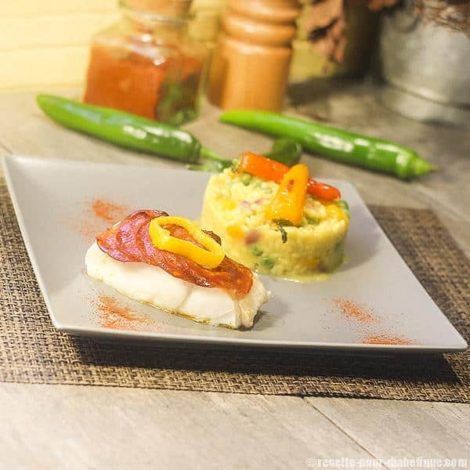 Cabillaud en écaille de Chorizo et son Risotto Safran