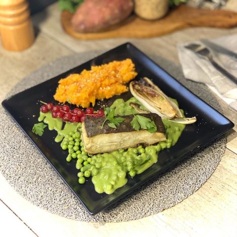 Turbot rôti à l'arête aux Petits Pois, Butternut et Patate douce