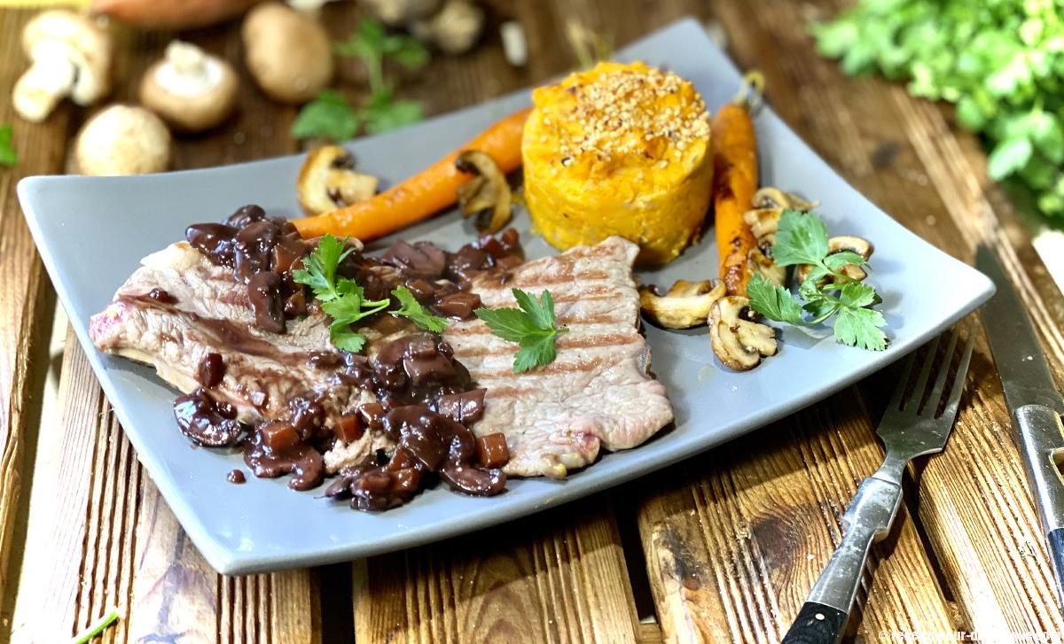 Entrecôte sauce forestière au vin rouge et sa purée Healthy
