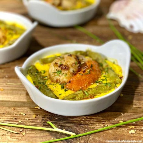 Crème brulée safranée Saint-Jacques et Asperges
