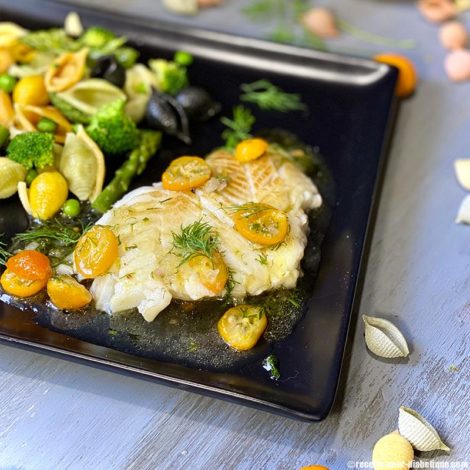 Flétan sauce Kumquat et salade de Conchiglie