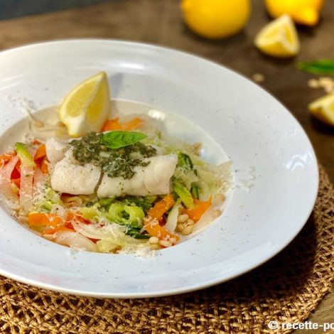 Dos de cabillaud au Pesto et Pâtes de Légumes