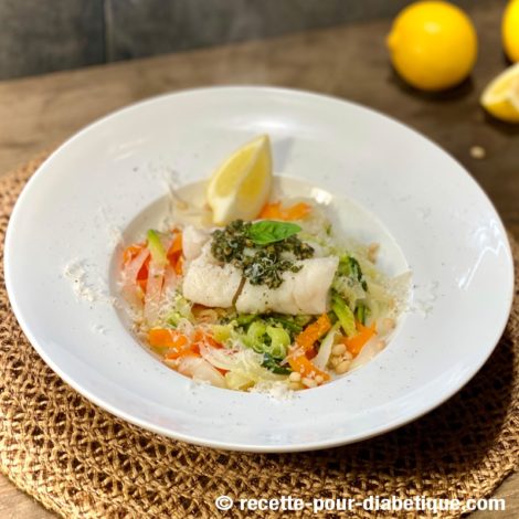 Dos de cabillaud au Pesto et Pâtes de Légumes