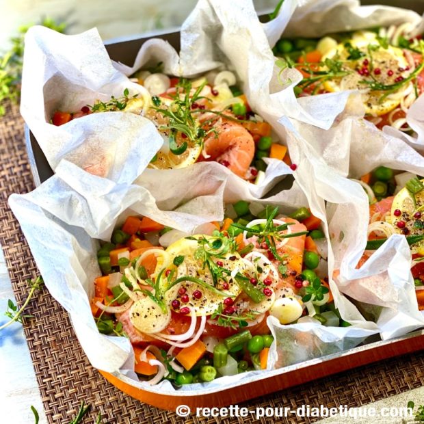Papillotes de Saumon Thym Romarin aux petits légumes