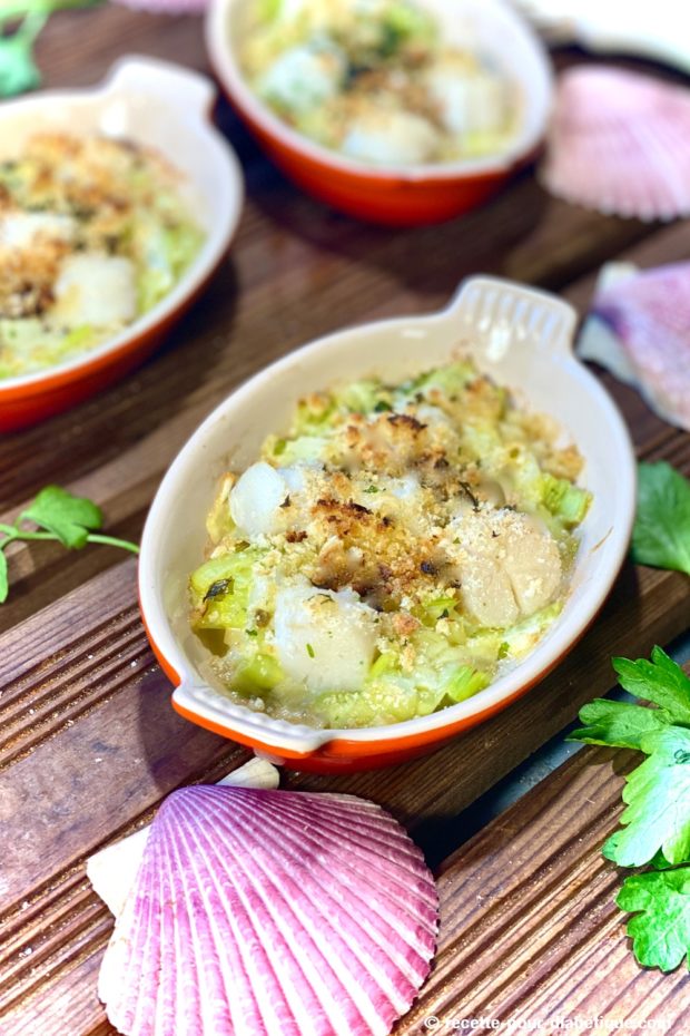Gratin de Pétoncles aux Poireaux