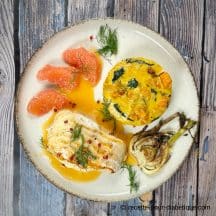 filet de julienne au beurre de pomelo et son flan de legumes ig bas