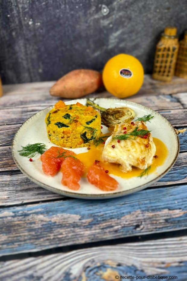 filet de julienne au beurre de pomelo et son flan de legumes ig bas