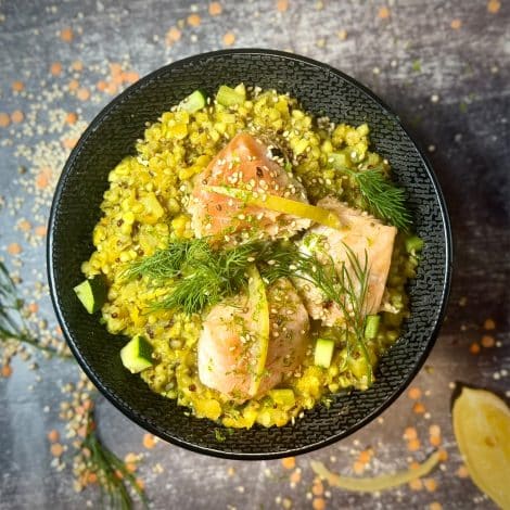 Risotto IG bas à la truite saumonée, lentilles corail et quinoa