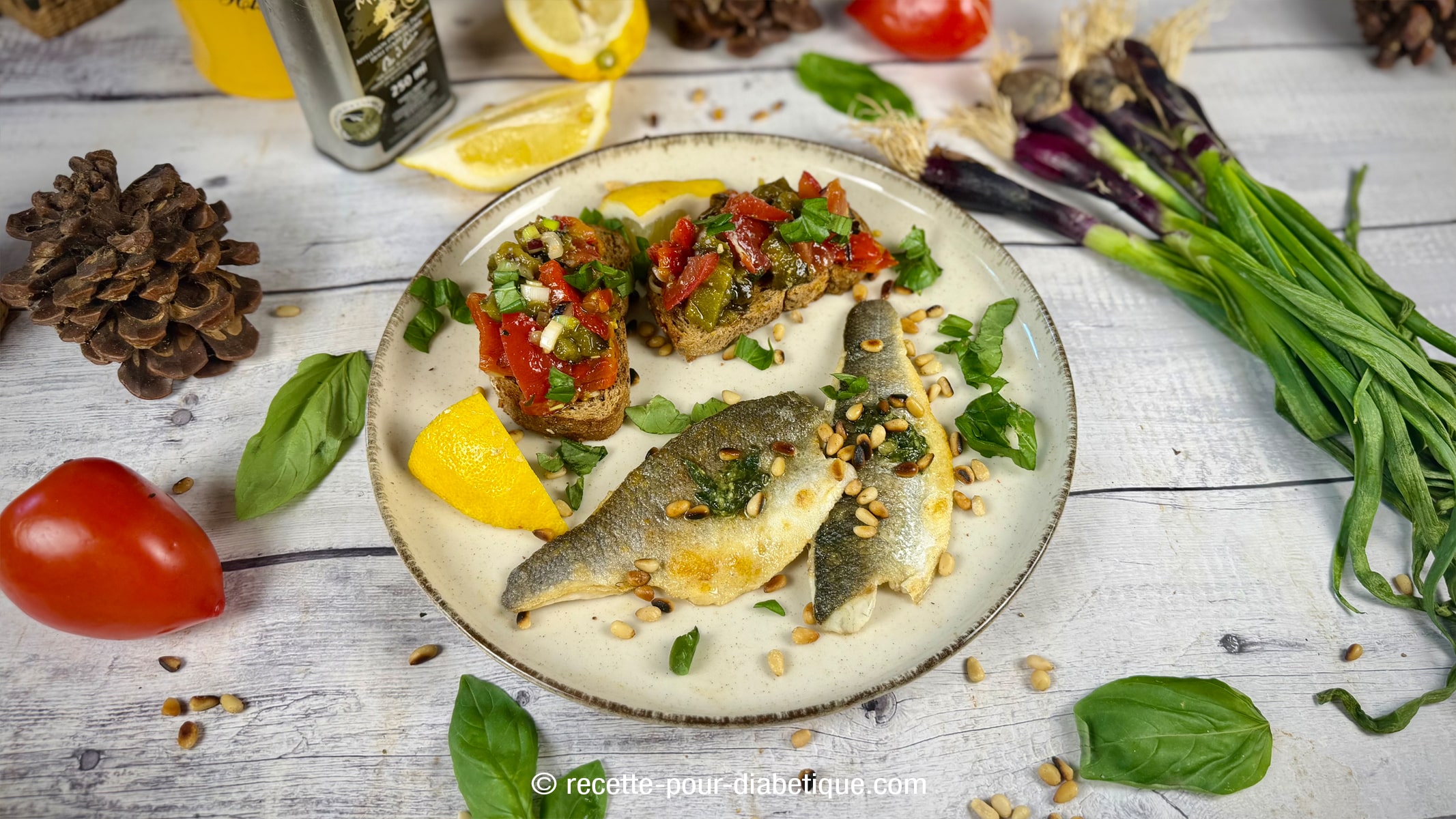 Filets de bar (avec peau) au pesto et bruschettas